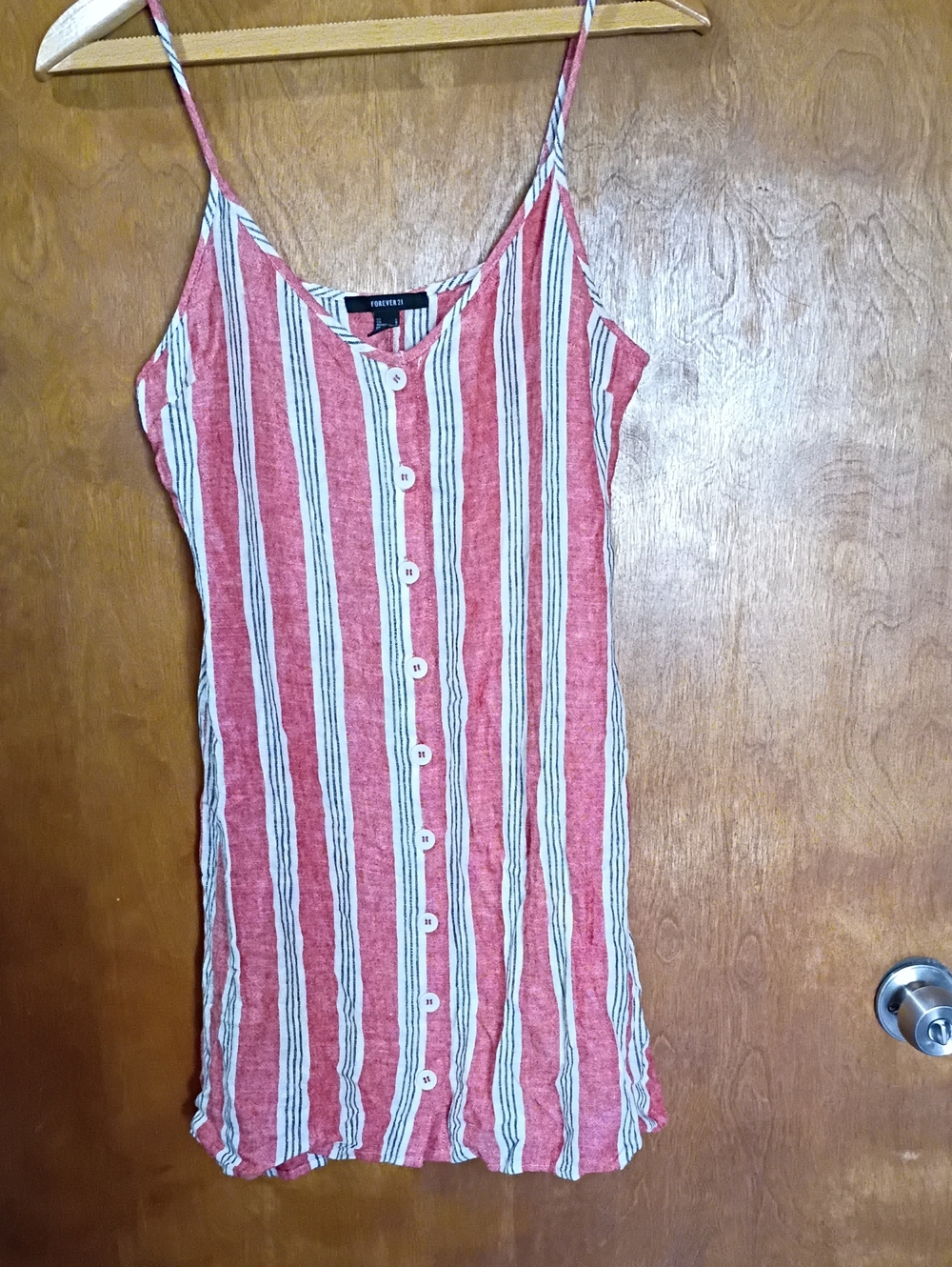 L Forever 21 Red & White Striped Button-Front Sundress Linen Blend like New